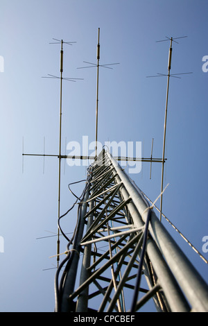 Three element HF radio transmitting mast with Yagi and HF Antenna set on a tower mast against a blue sky Stock Photo