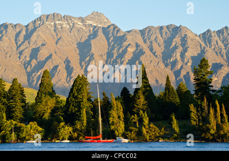 View over Queenstown Gardens to The Remarkables, Queenstown, South Island, New Zealand Stock Photo