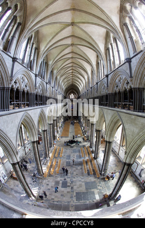 Wide angled view of the Nave at Salisbury Cathedral, Wiltshire,  England. Stock Photo