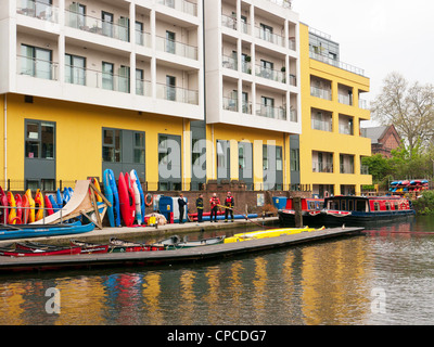 Canoes of the London Fire Brigade by  the canal in Little Venice, Paddington, West London, on the Grand Union Canal Stock Photo