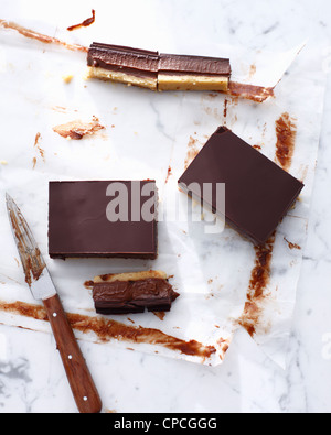 Triple chocolate caramel bars Stock Photo