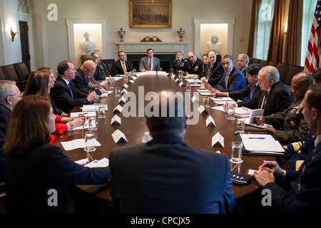 President Barack Obama meets with intelligence community leaders in the Cabinet Room of the White House, April 17, 2012. Stock Photo