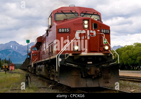 A Canadian Pacific AC44 travelling through Banff Station, Alberta, Canada Stock Photo