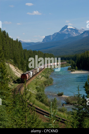 A Canadian Pacific train travelling through Morants Curve, near Lake Louise, Alberta, Canada Stock Photo