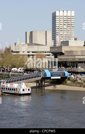 London skyline from Hungerford Bridge. Festival Pier, National Theatre & the ITV Building in the foreground. Stock Photo