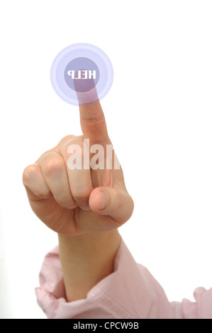 Businessman pushing a help button on touch screen Stock Photo