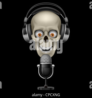 DJ Bones, human skeleton with microphone playing music on turntables