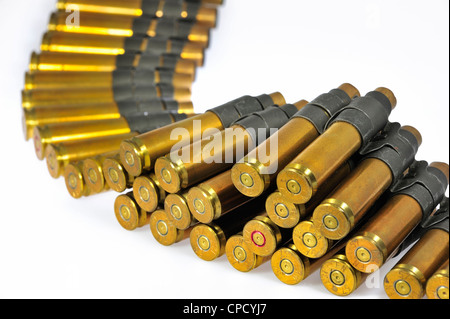 M2 Browning .50 caliber machine gun cartridges in ammunition belt made by FN Herstal weapon factory in Belgium Stock Photo