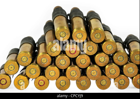 M2 Browning .50 caliber machine gun cartridges in ammunition belt made by FN Herstal weapon factory in Belgium Stock Photo