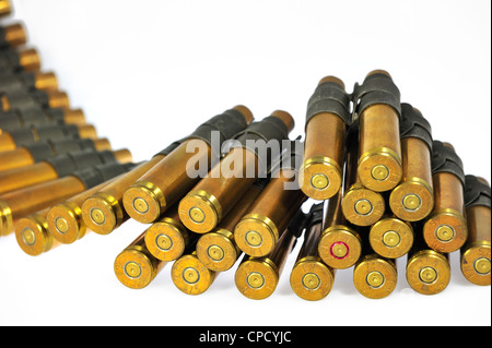 M2 Browning .50 caliber machine gun cartridges in ammunition belt made by FN Herstal weapon factory in Belgium Stock Photo