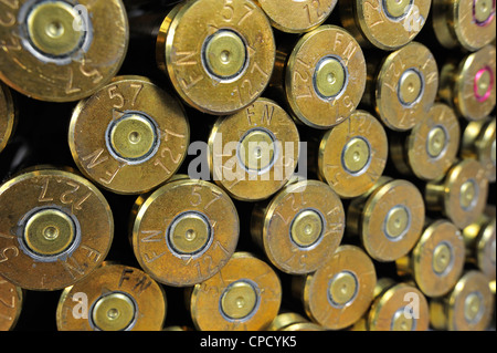 Primers of M2 Browning .50 caliber machine gun cartridges in ammunition belt made by FN Herstal weapon factory in Belgium Stock Photo