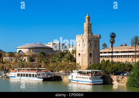 Europe, Spain Andalusia, Sevilla, Torre del Oro on waterfront Stock Photo