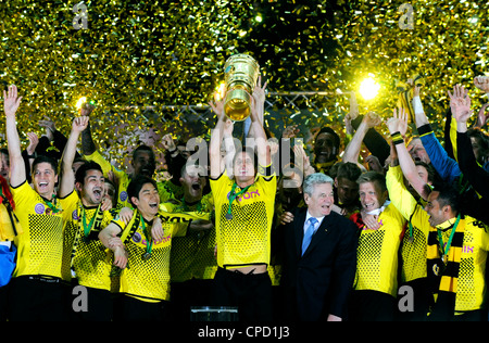 Players of Borussia Dortmund celebrate after winning the German Cup Final at the Olympic Stadium Berlin. Stock Photo