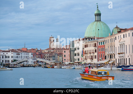 View of the Grand Canal in front of the train station from a public waterbus, Venice, Veneto, Italy, Europe Stock Photo