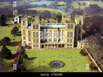 historic aerial view of Hardwick Hall, the Elizabethan masterpiece mansion near Chesterfield in Derbyshire, taken March 1986 Stock Photo