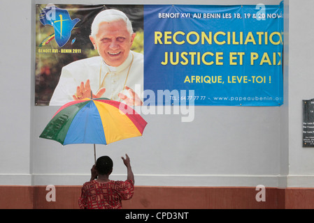 Poster of Pope Benedict's visit to Benin, Ouidah, Benin, West Africa, Africa Stock Photo