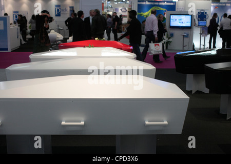 Coffins at a funeral show, Paris, France, Europe Stock Photo