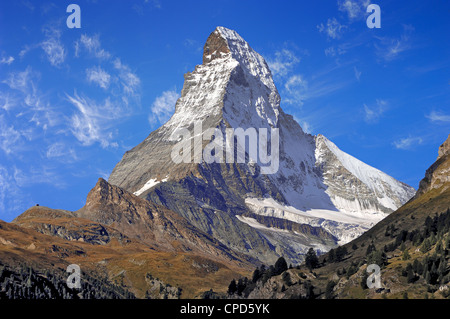 The Matterhorn (German), Monte Cervino (Italian) or Mont Cervin (French) is a mountain in the Pennine Alps. Stock Photo