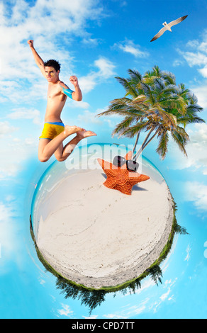 tropical beach microworld with young man jumping of joy Stock Photo