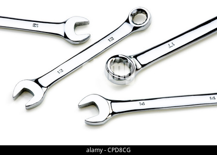 Open ended and ring spanners on a white background. Stock Photo
