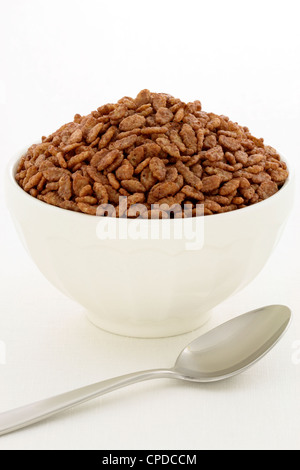 Delicious and nutritious cocoa-flavored, crisped rice cereal, served in a beautiful French Cafe au Lait Bowl Stock Photo