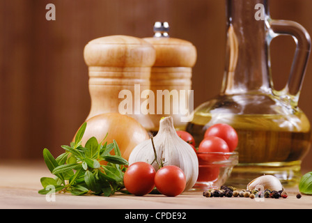 Food ingredients on the oak table closeup shot Stock Photo