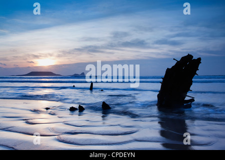 Wreck of Helvetia, Worms Head, Rhossili Bay, Gower, West Wales, Wales, United Kingdom, Europe Stock Photo