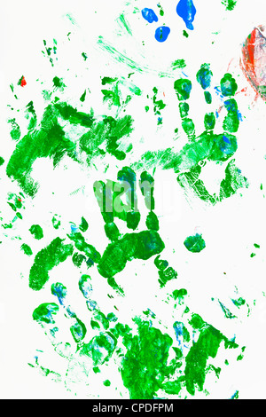 Watercolor prints of children's hands in green Stock Photo