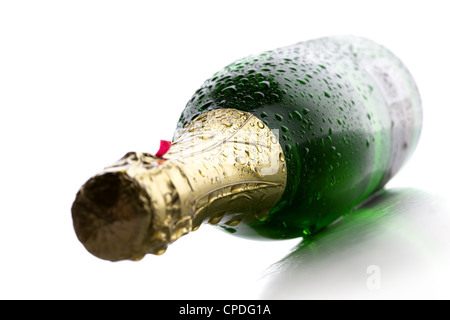Cold wet bottle of champagne wine on white background Stock Photo