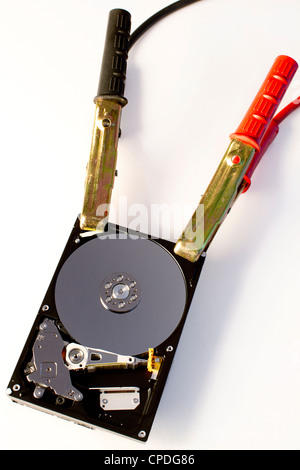 data recovery, jump starting a dead hard drive using jumper cables or jump leads Stock Photo