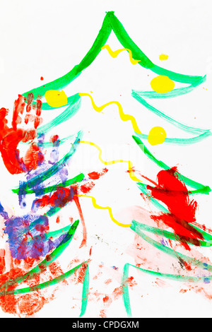 Watercolor drawing of a Christmas tree, including handprints of children's artists Stock Photo