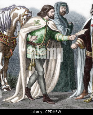 Military Orders. 12th century. Order of Alcantara or the Knights of St. Julian. 19th Century Engraving. Colored. Stock Photo