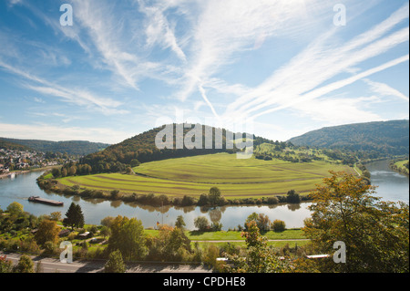 View of the Neckar River and Neckarsteinach from Hinterburg Castle, Hesse, Germany, Europe Stock Photo