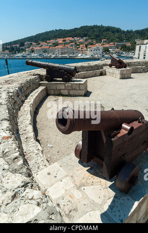 Cannons overlooking Korcula Harbor, Croatia, Europe Stock Photo