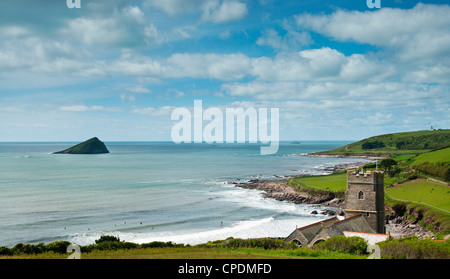 View of Wembury Church and the Mewstone, South Devon, UK Stock Photo