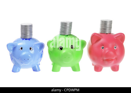 Row of Piggybanks with Coins Stock Photo