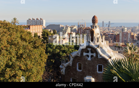 Park Guell architecture and city view. Masterpiece of modernism architect Antoni Gaudi. Barcelona, Spain. Stock Photo