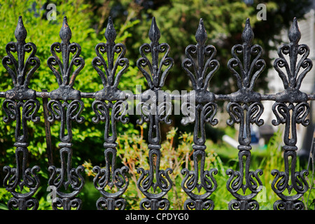 Black painted worn and weathered Victorian iron fence Stock Photo