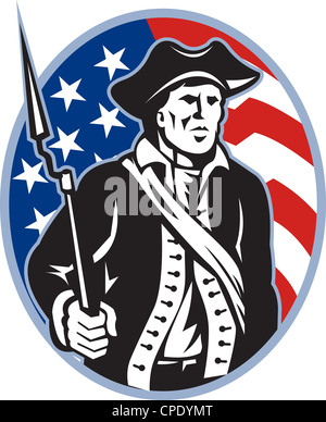 Illustration of an American patriot minuteman revolutionary soldier with musket bayonet rifle and stars and stripes flag
