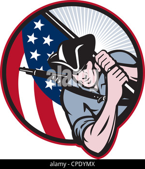 Illustration of an American patriot minuteman revolutionary soldier with stars and stripes flag set inside circle