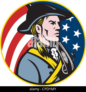 Illustration of an American patriot minuteman revolutionary soldier with musket rifle and stars and stripes flag