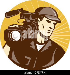 Illustration of a professional cameraman film crew with video movie camera camcorder viewed from front set inside circle Stock Photo