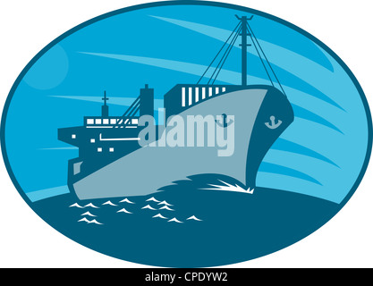 Illustration of a container cargo freighter ship sailing on sea done in retro style set inside ellipse. Stock Photo