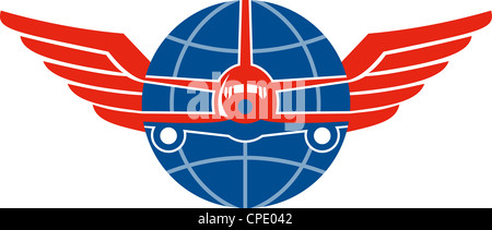 Illustration of a jumbo jet airplane plane viewed from front with wings and globe on isolated white background. Stock Photo