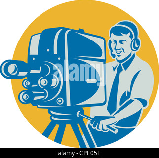 Illustration of a film crew television cameraman shooting with movie camera done in retro style set inside circle. Stock Photo