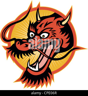 Illustration of a Chinese style red dragon head set inside circle done in retro style. Stock Photo