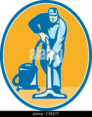 Illustration of a janitor cleaner worker vacuum cleaning facing front set inside ellipse done in retro style. Stock Photo
