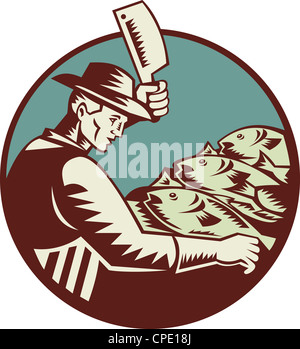 Illustration of a fishmonger butcher with meat cleaver knife chopping fish viewed from side set inside circle done in retro woodcut style. Stock Photo