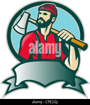 Illustration of a lumber jack forester logger carrying an ax looking up with scroll done in retro style. Stock Photo