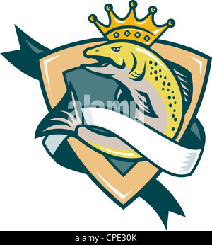 Illustration of a king salmon fish with crown jumping with shield and scroll in background done in retro style. Stock Photo